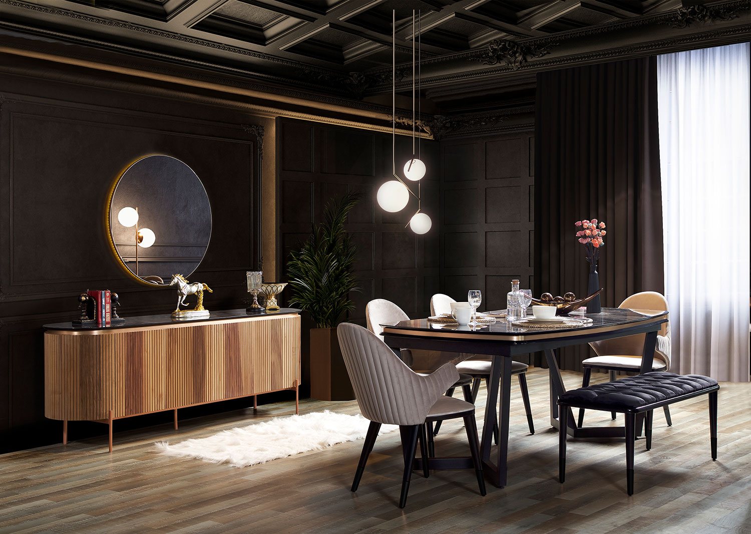 Tesla Walnut Ceviz Bronze Dining Room Set - Dining Rooms